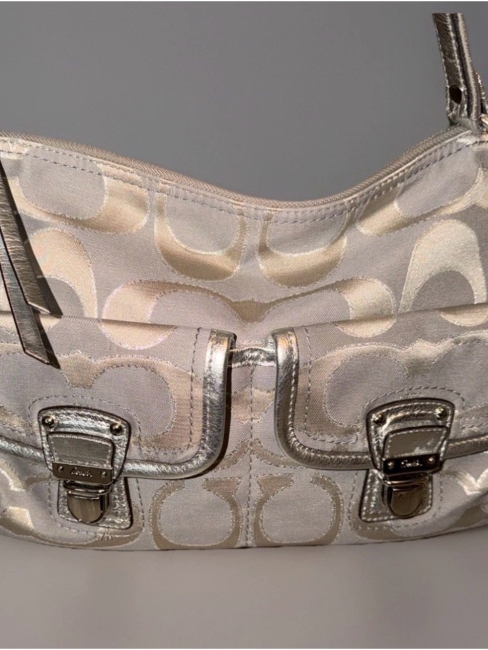 Coach Metallic Silver Signature Shoulder Bag with Buckle Details